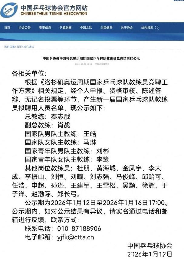 中国乒协公示国乒教练组名单 拟聘秦志戬为总教练 中国乒协公示国乒教练组名单 拟聘秦志戬为总教练